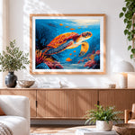 Finished majestic sea turtle in the deep blue ocean paint by numbers artwork displayed as home decor