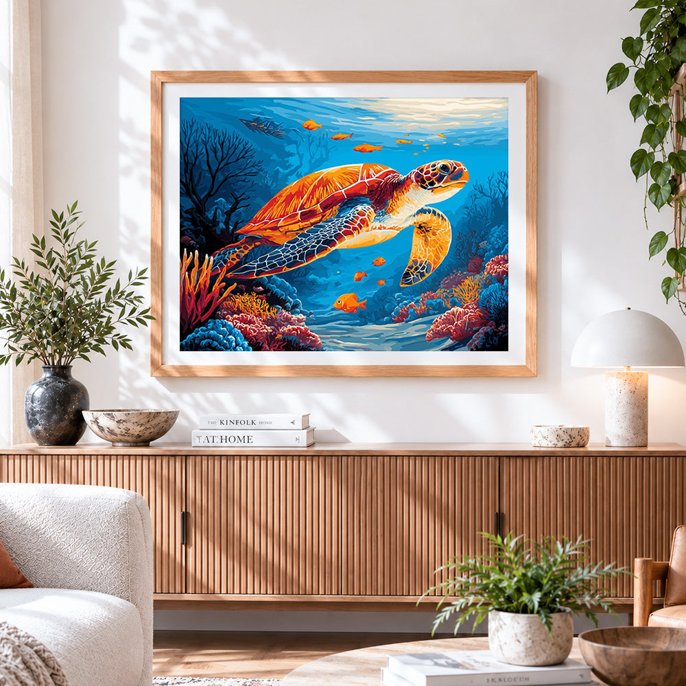 Finished majestic sea turtle in the deep blue ocean paint by numbers artwork displayed as home decor