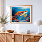 Majestic sea turtle in the deep blue ocean paint by numbers artwork displayed on wall as home decor