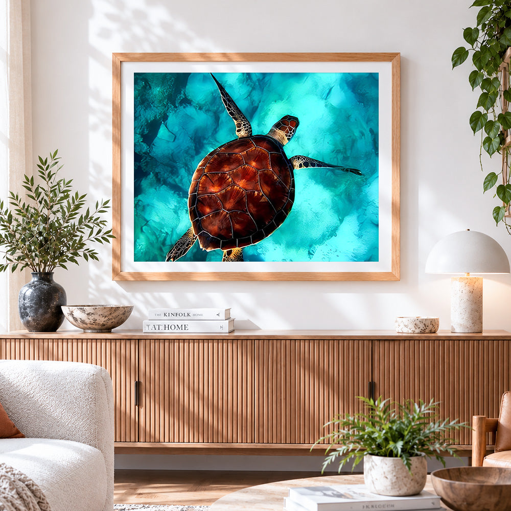 Finished majestic sea turtle underwater cross stitch artwork displayed