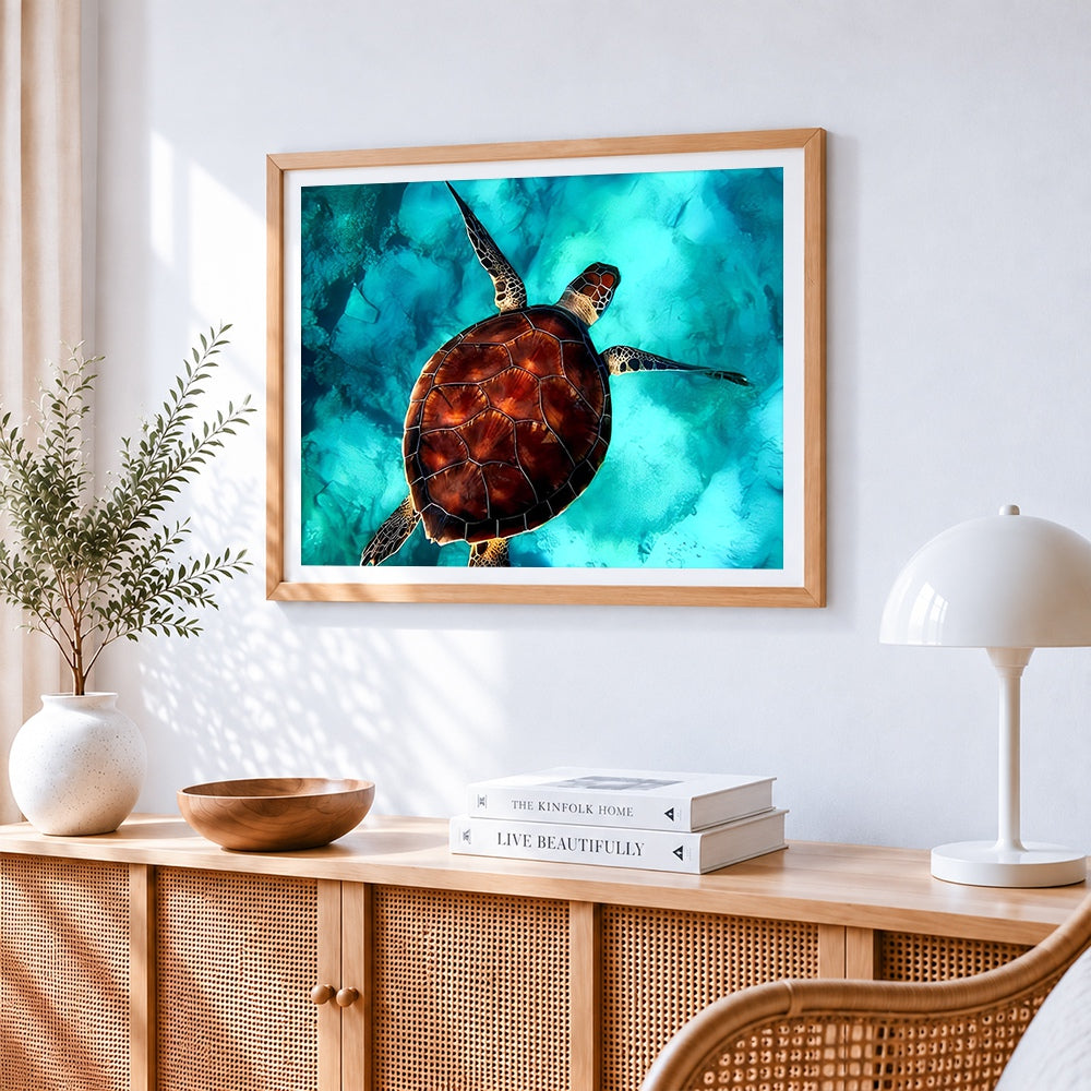 Majestic sea turtle underwater cross stitch artwork displayed on wall as home decor