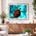 Finished majestic sea turtle underwater paint by numbers artwork displayed as home decor