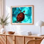 Majestic sea turtle underwater paint by numbers artwork displayed on wall as home decor