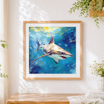 Finished majestic shark swimming in sunlit waters cross stitch artwork displayed