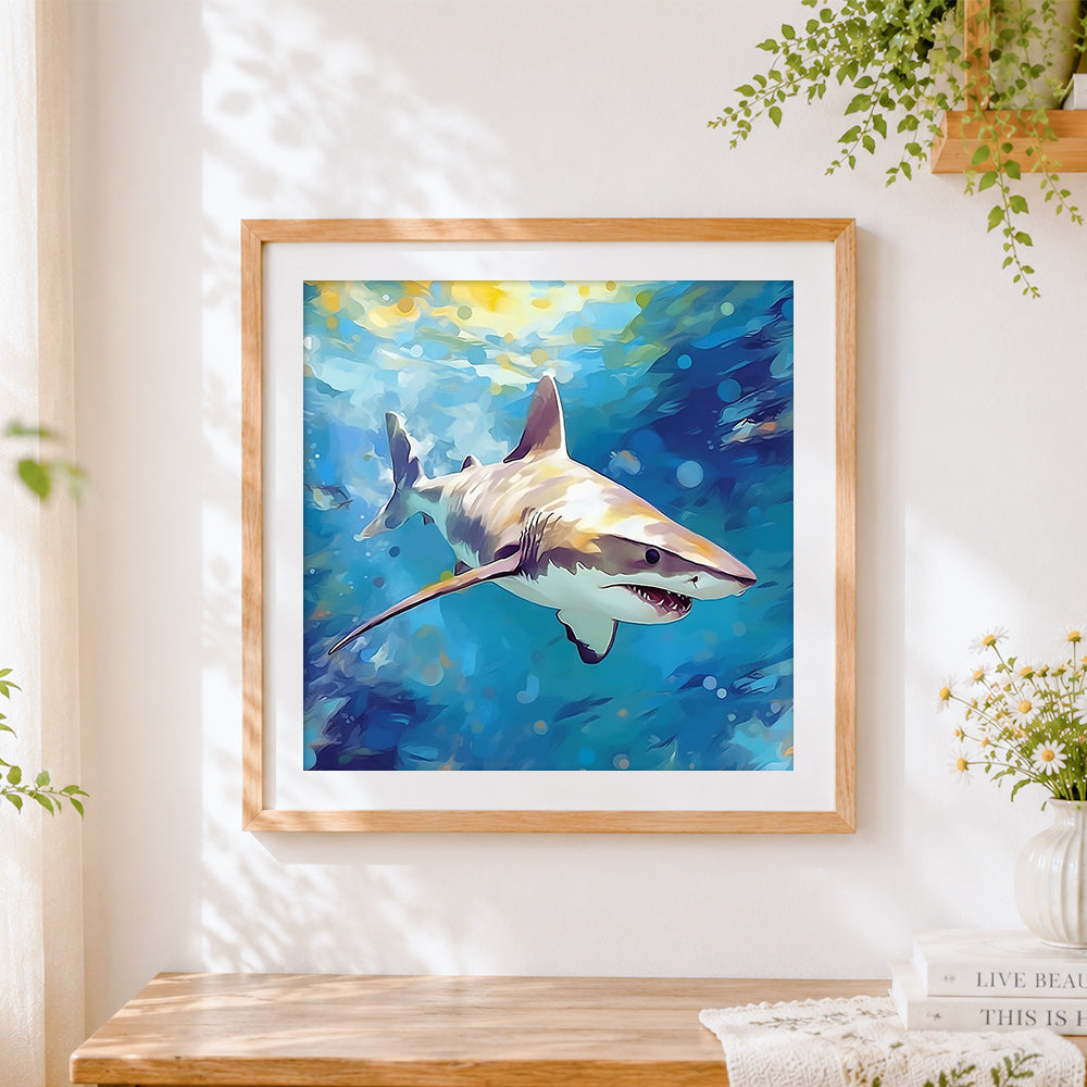 Finished majestic shark swimming in sunlit waters cross stitch artwork displayed