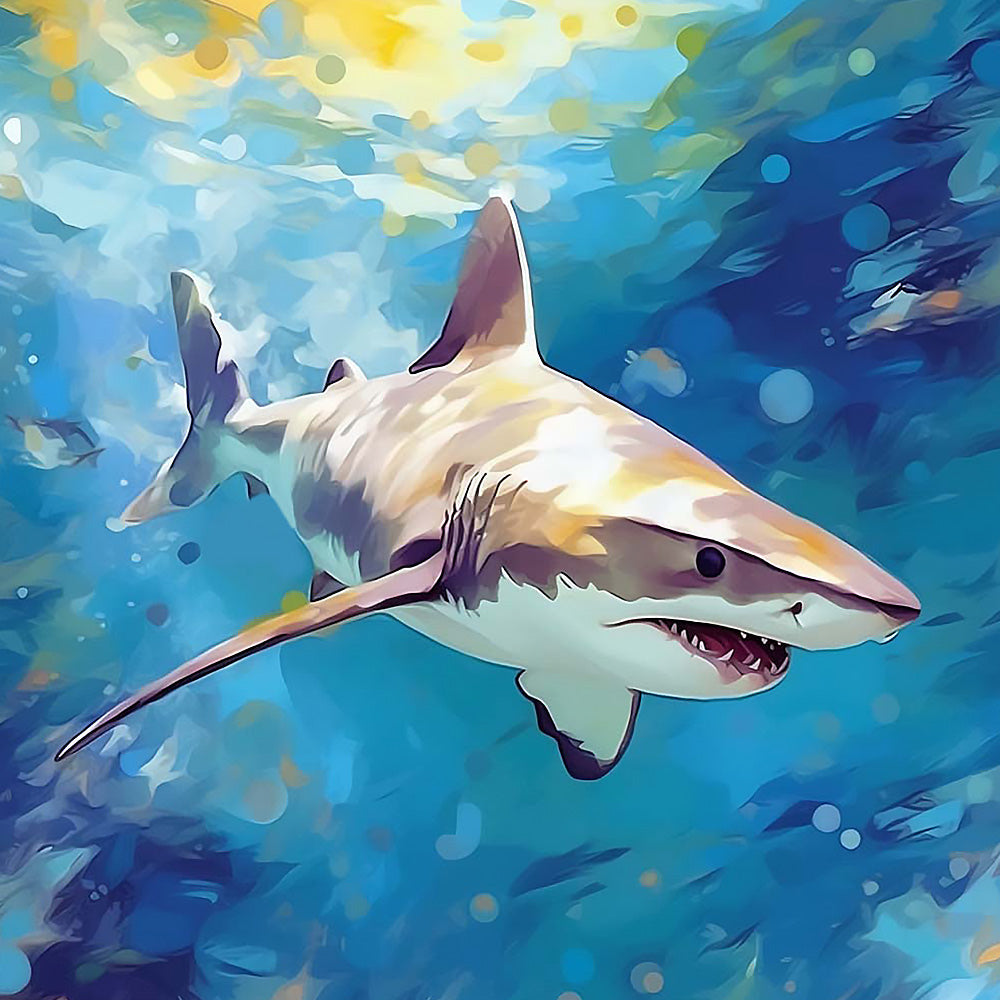 Majestic shark swimming in sunlit waters cross stitch kit for beginners