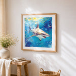 Majestic shark swimming in sunlit waters cross stitch artwork displayed on wall as home decor