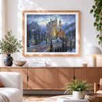Finished majestic snowy castle at twilight cross stitch artwork displayed