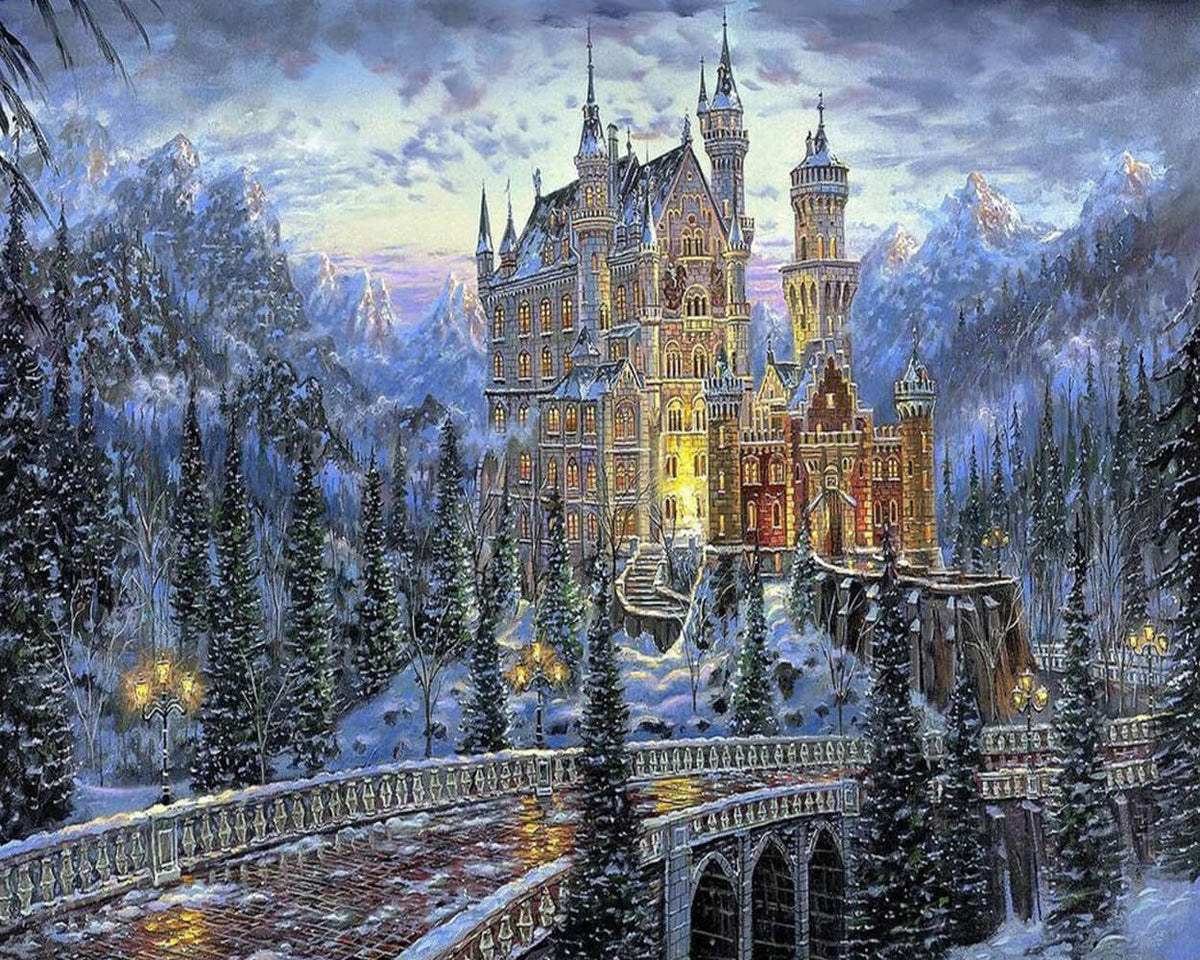 Majestic snowy castle at twilight cross stitch kit for beginners