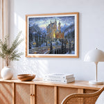 Majestic snowy castle at twilight cross stitch artwork displayed on wall as home decor