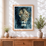 Finished majestic snowy lion cross stitch artwork displayed