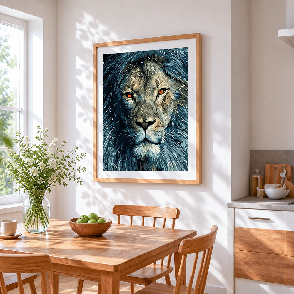Majestic snowy lion cross stitch artwork displayed on wall as home decor