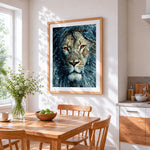 Majestic snowy lion cross stitch artwork displayed on wall as home decor