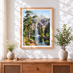 Finished majestic snowy mountain waterfall cross stitch artwork displayed