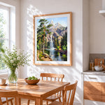 Majestic snowy mountain waterfall cross stitch artwork displayed on wall as home decor