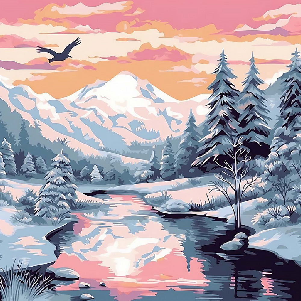 Majestic snowy mountains at sunset cross stitch kit for beginners