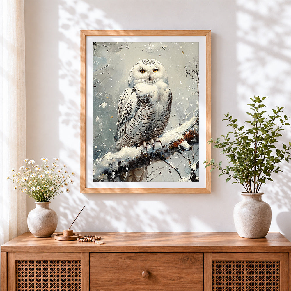Finished majestic snowy owl cross stitch artwork displayed