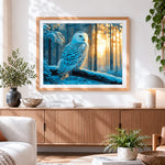 Finished majestic snowy owl in a winter forest cross stitch artwork displayed
