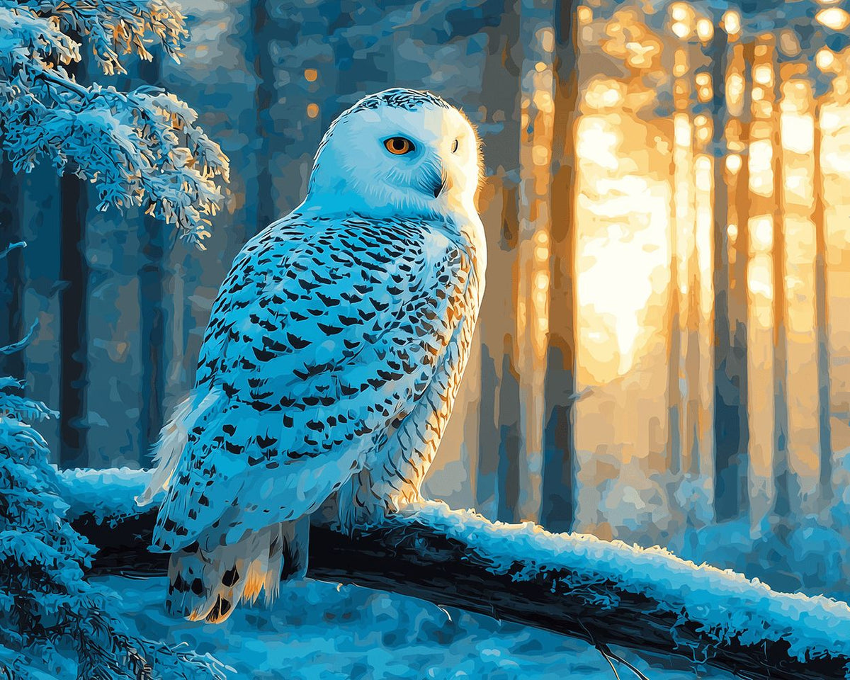 Majestic snowy owl in a winter forest cross stitch kit for beginners