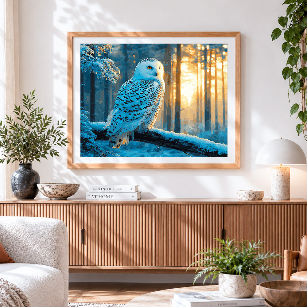 Finished majestic snowy owl in a winter forest paint by numbers artwork displayed as home decor