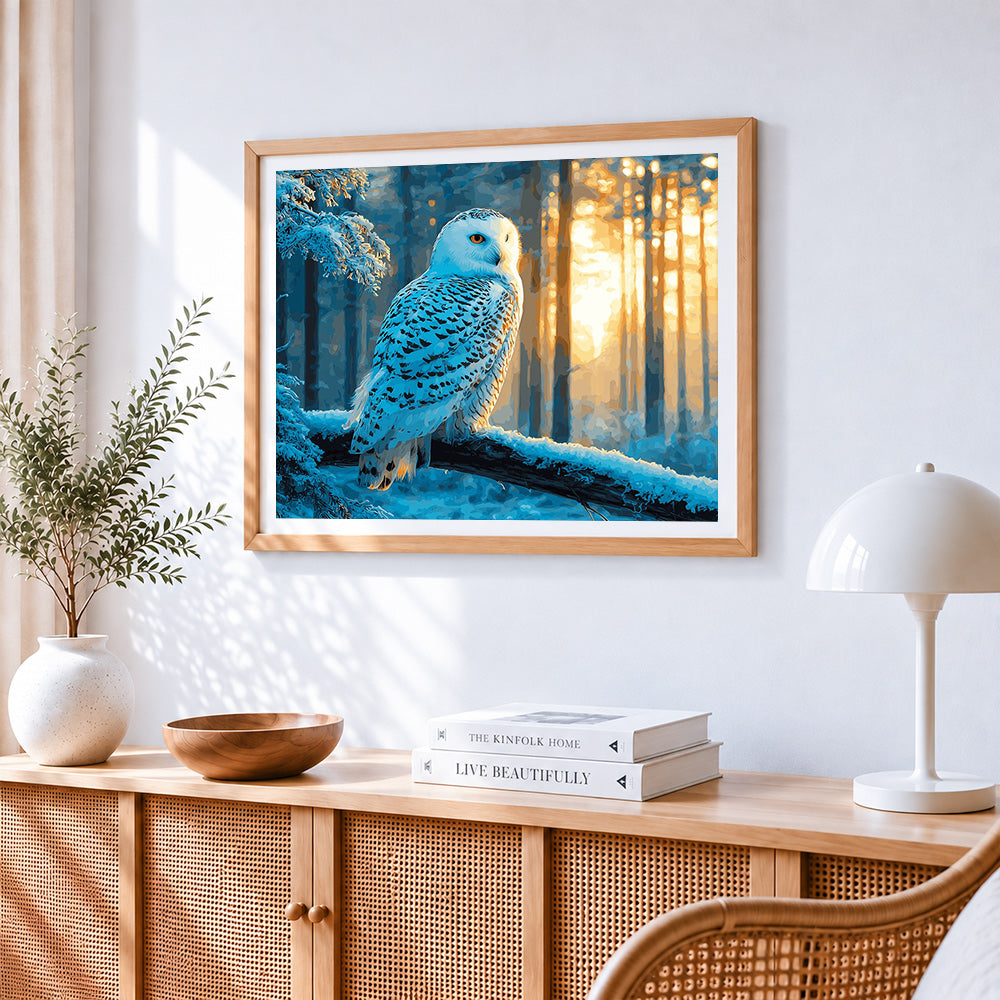 Majestic snowy owl in a winter forest paint by numbers artwork displayed on wall as home decor