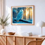 Majestic snowy owl in a winter forest paint by numbers artwork displayed on wall as home decor