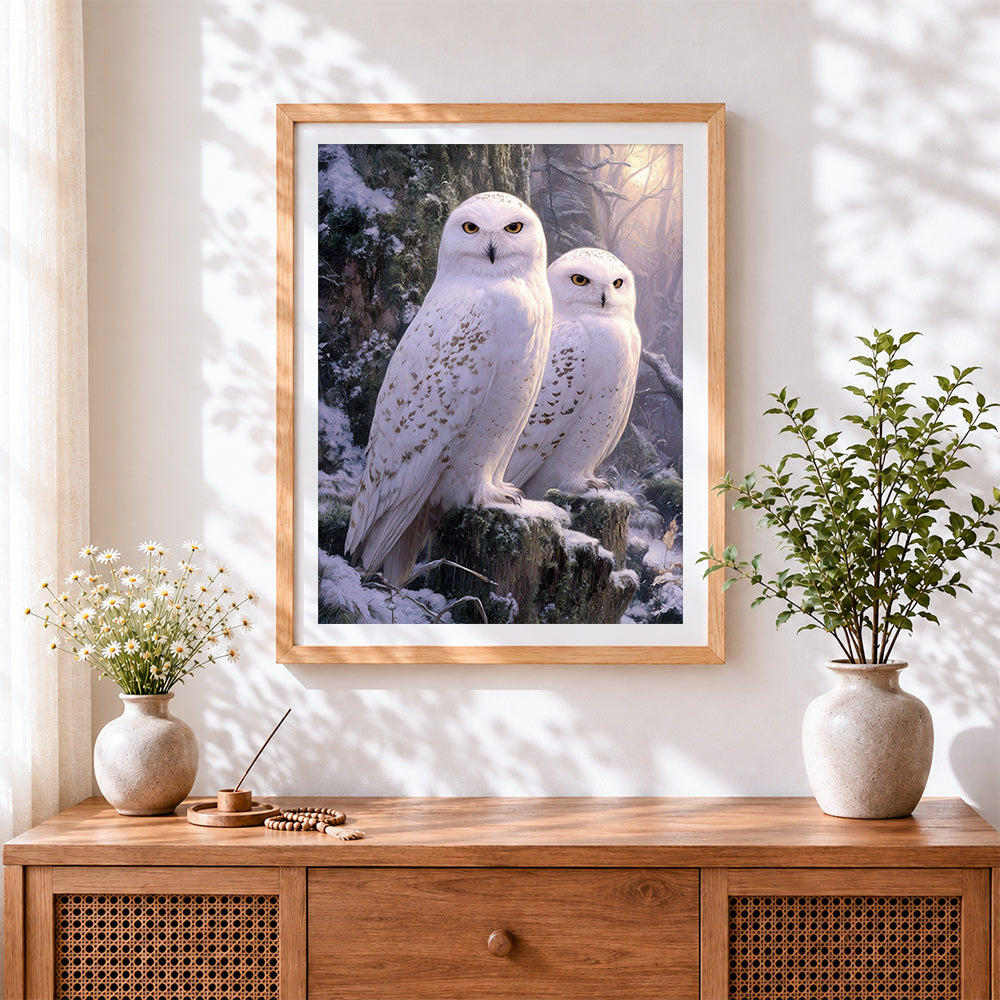 Finished majestic snowy owls in winter forest cross stitch artwork displayed