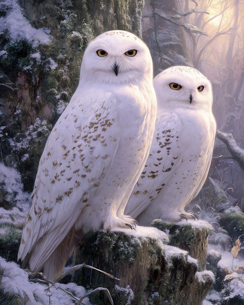 Majestic snowy owls in winter forest cross stitch kit for beginners