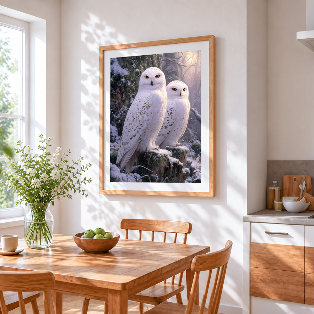 Majestic snowy owls in winter forest cross stitch artwork displayed on wall as home decor