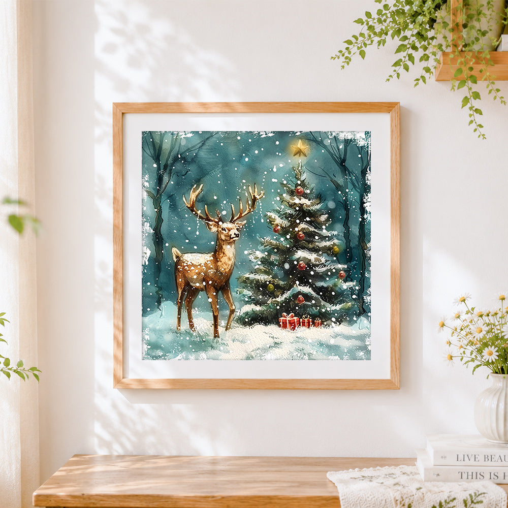 Finished majestic stag and christmas tree in the snow cross stitch artwork displayed