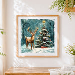 Finished majestic stag and christmas tree in the snow cross stitch artwork displayed
