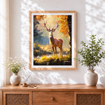 Finished majestic stag in autumn glow cross stitch artwork displayed