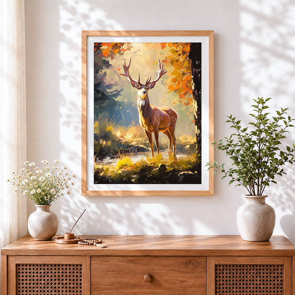 Finished majestic stag in autumn glow cross stitch artwork displayed