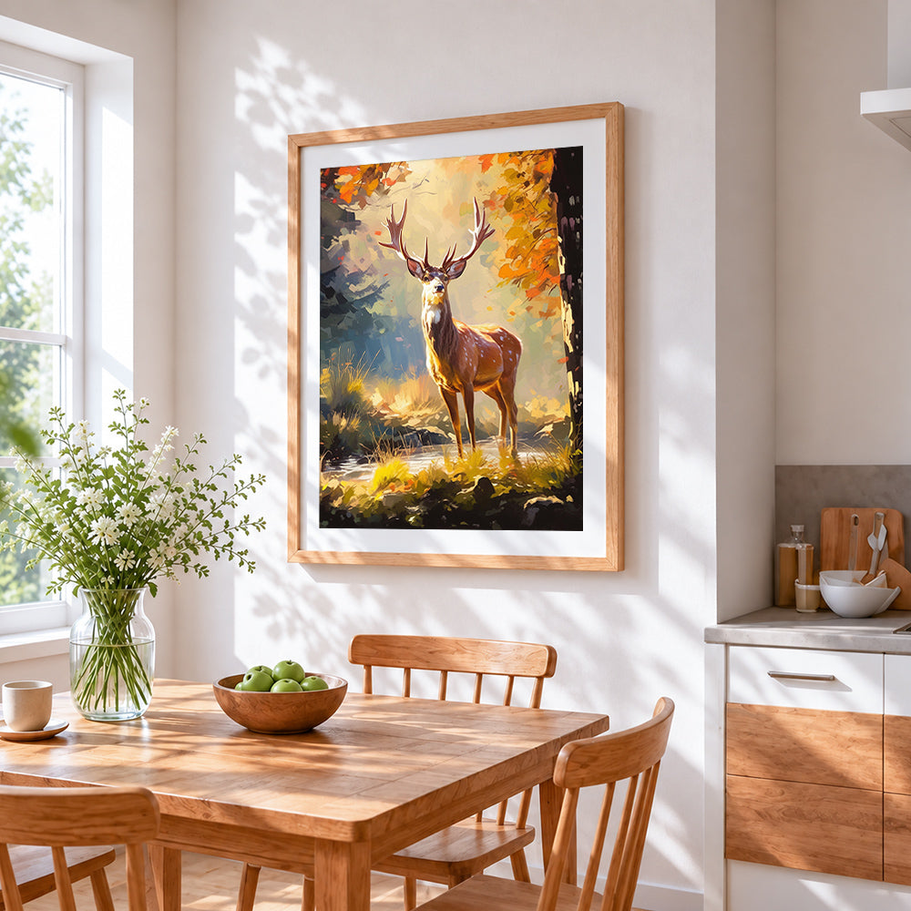 Majestic stag in autumn glow cross stitch artwork displayed on wall as home decor