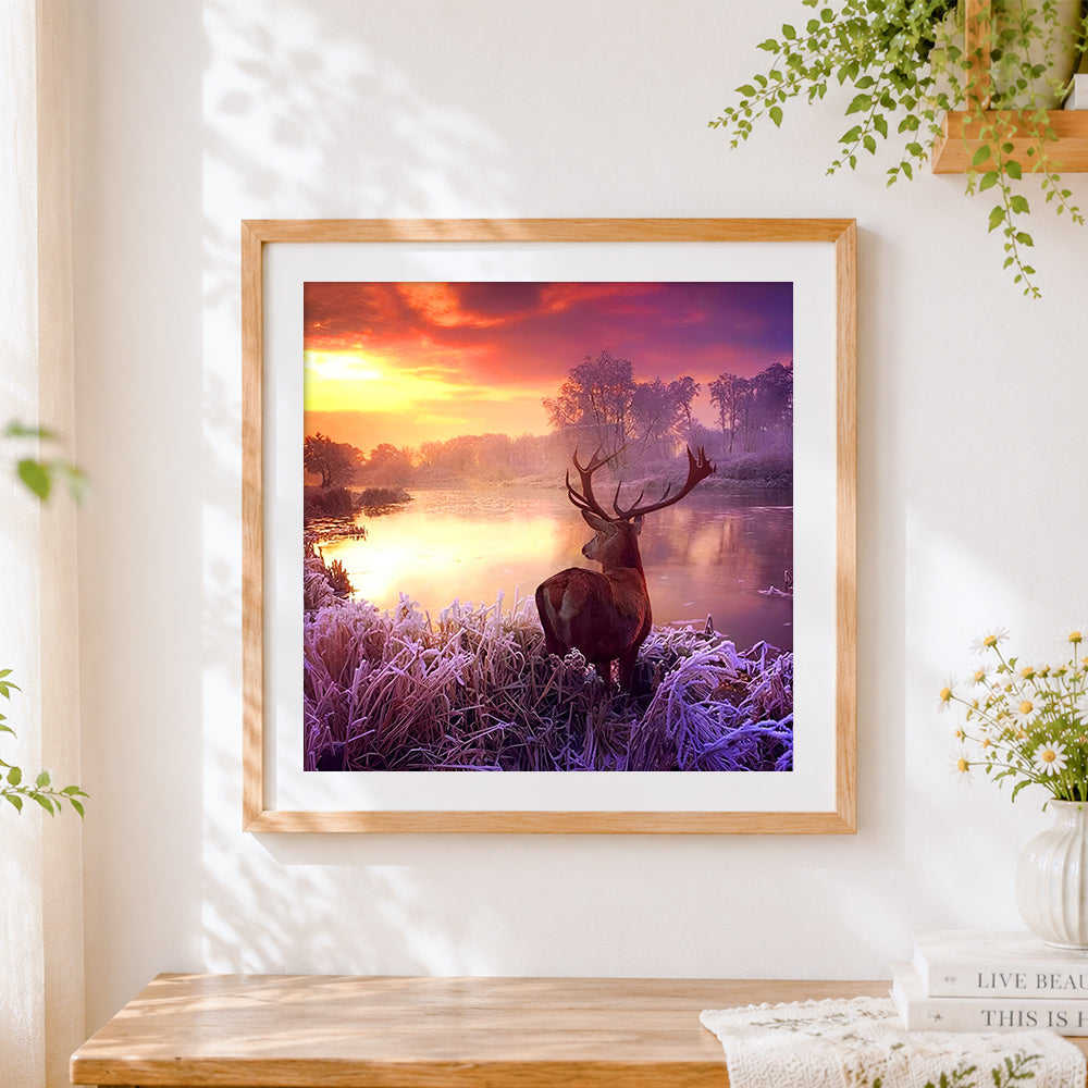 Finished majestic stag in frosty winter sunrise cross stitch artwork displayed