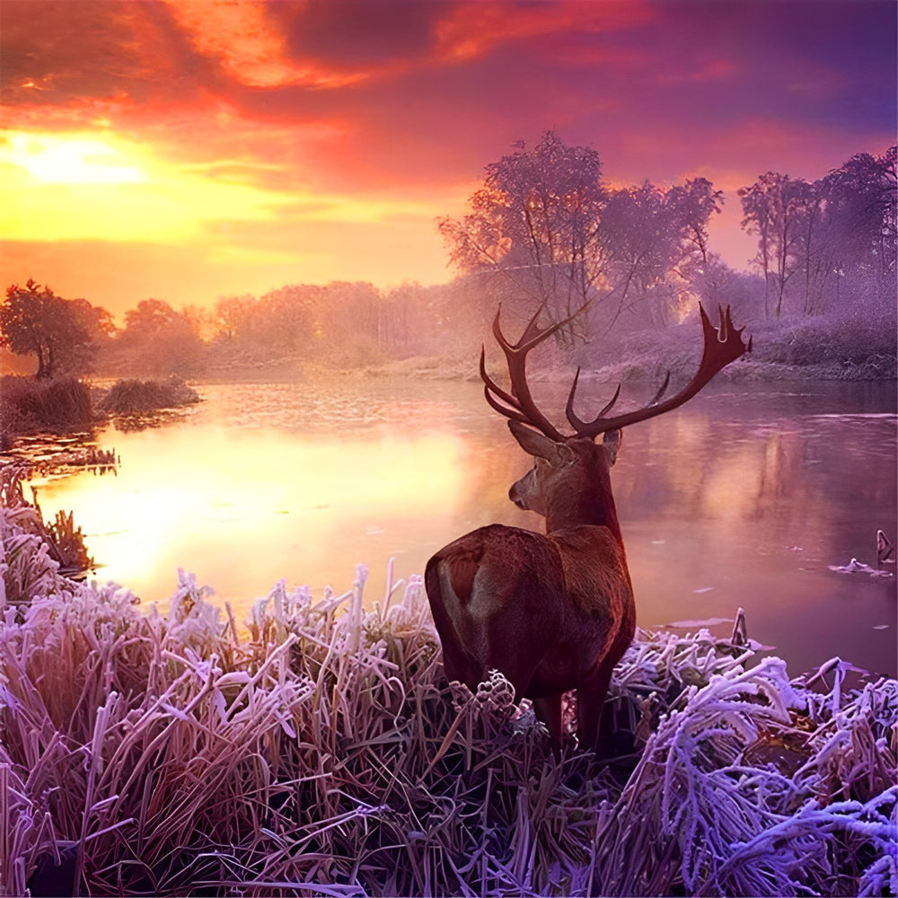 Majestic stag in frosty winter sunrise cross stitch kit for beginners