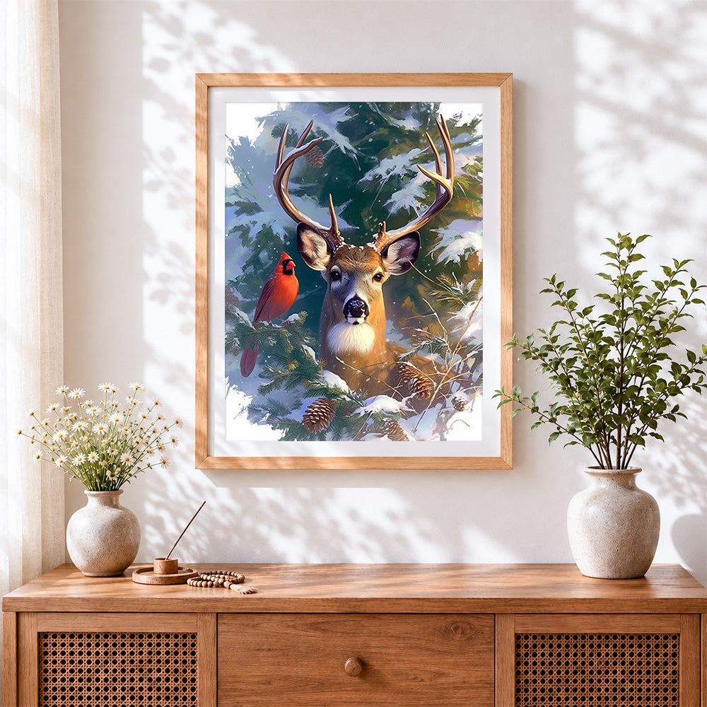 Finished majestic stag in snow with cardinal cross stitch artwork displayed