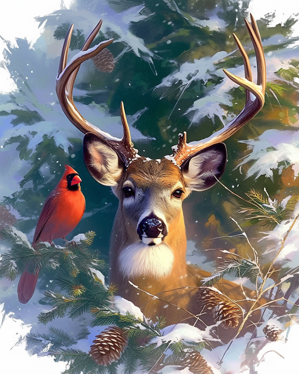 Majestic stag in snow with cardinal cross stitch kit for beginners