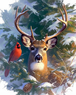 Majestic stag in snow with cardinal cross stitch kit for beginners