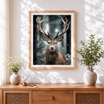 Finished majestic stag in winter snowfall paint by numbers artwork displayed as home decor