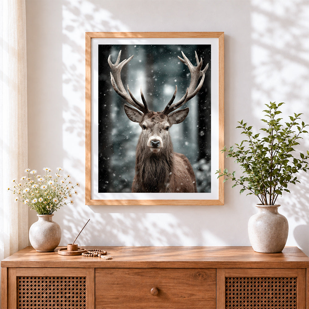 Finished majestic stag in winter snowfall paint by numbers artwork displayed as home decor