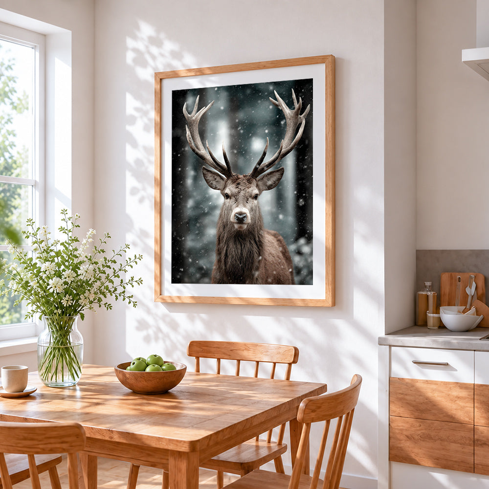 Majestic stag in winter snowfall paint by numbers artwork displayed on wall as home decor
