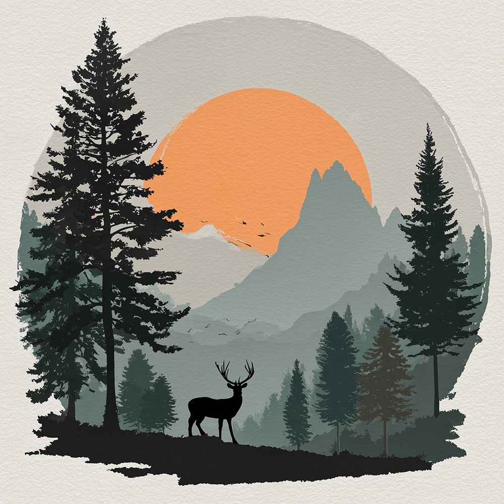 Majestic stag, pine forest and mountains cross stitch kit for beginners
