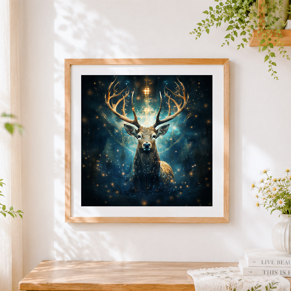 Finished majestic stag with a golden halo cross stitch artwork displayed