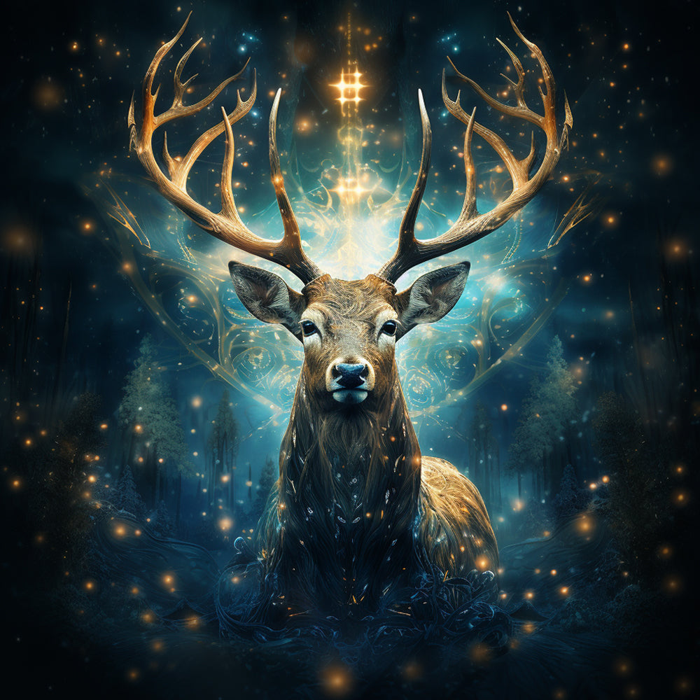 Majestic stag with a golden halo cross stitch kit for beginners