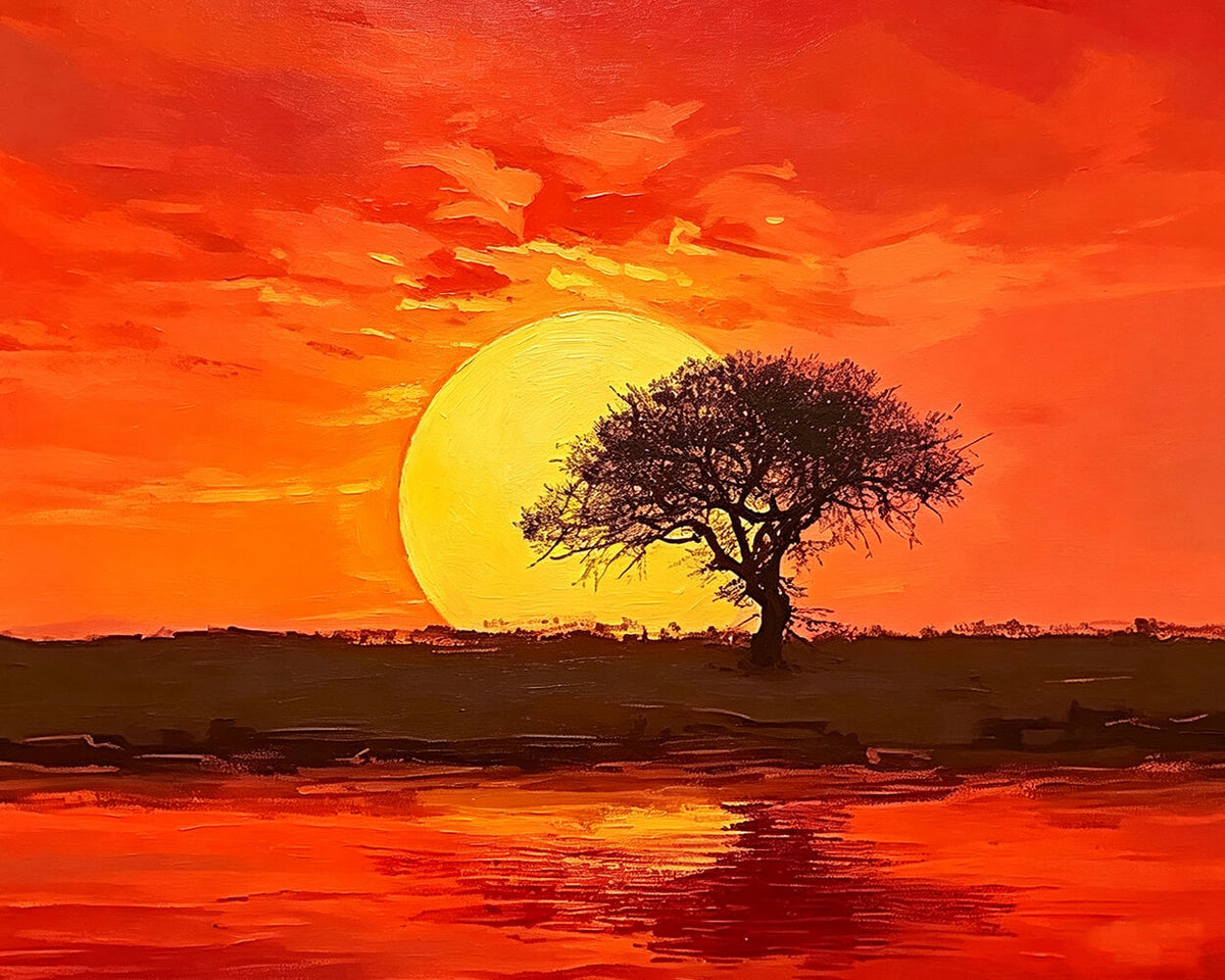 Majestic sunset with a silhouette tree cross stitch kit for beginners