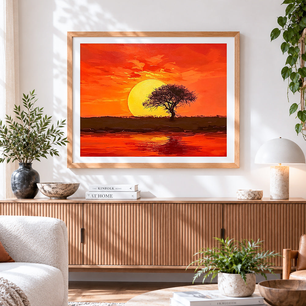 Finished majestic sunset with a silhouette tree paint by numbers artwork displayed as home decor