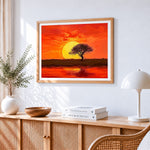 Majestic sunset with a silhouette tree paint by numbers artwork displayed on wall as home decor