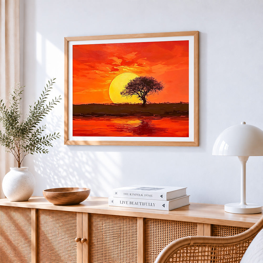 Majestic sunset with a silhouette tree paint by numbers artwork displayed on wall as home decor