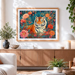 Finished majestic tiger among flowers cross stitch artwork displayed